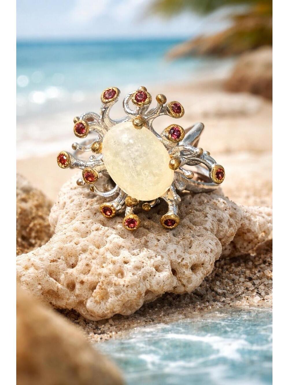 Danny Buonomo Artisan 1980s Silver 925 Moonstone Pink Tourmaline Ring Sz 6.5
